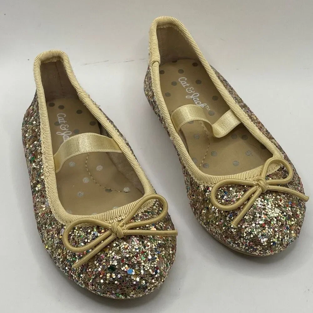 Cat & Jack Girls Size 5 Glitter Ballet Flats Gold Bow Sparkly Slip-On Dress Shoe